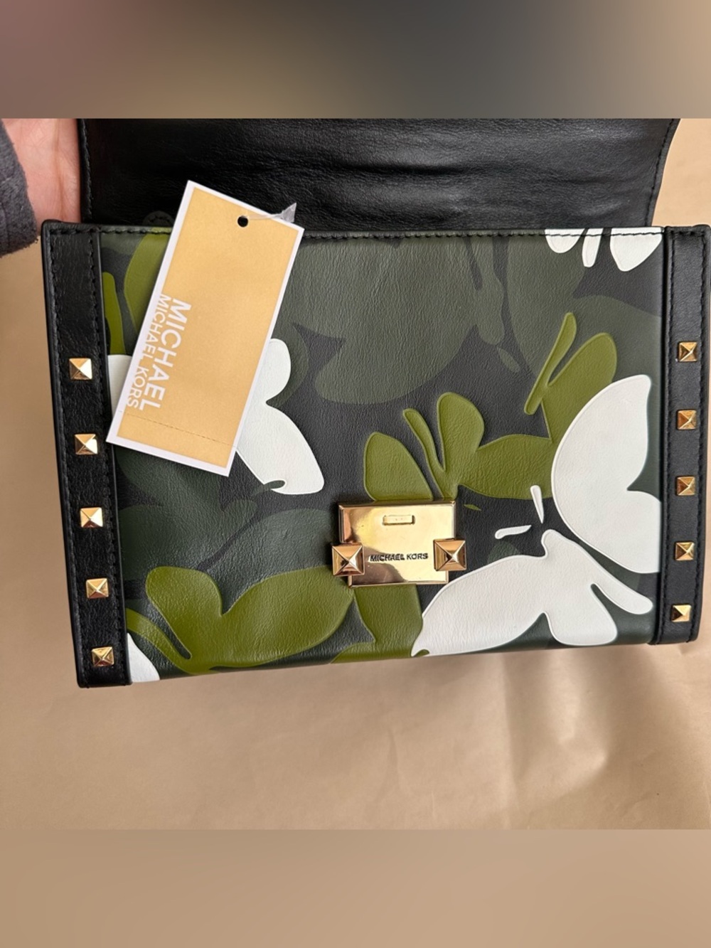 NWT Michael Kors Whitney Butterfly Camo Bag Black Leather Shoulder Crossbody Y2K - Picture 10 of 11